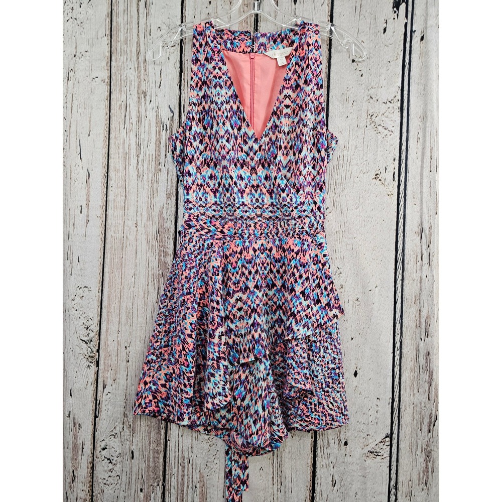 Decree Romper Women XS Pink Blue Geometric Ikat Sleeveless Ruffle V-Neck Casual